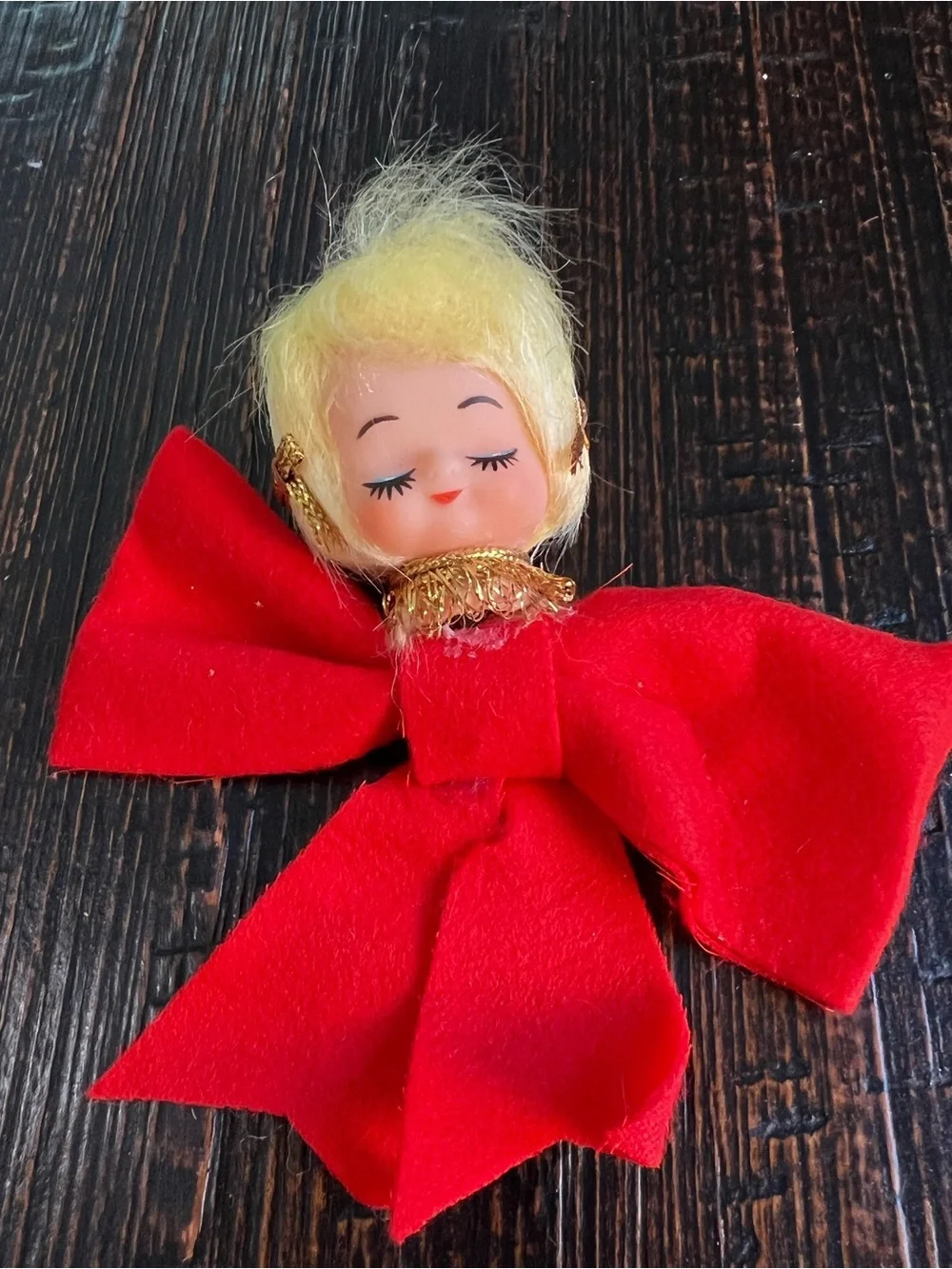 Vintage Retro Pixie Angel Girl Red Bow Christmas Ornaments Japan Lot of 2